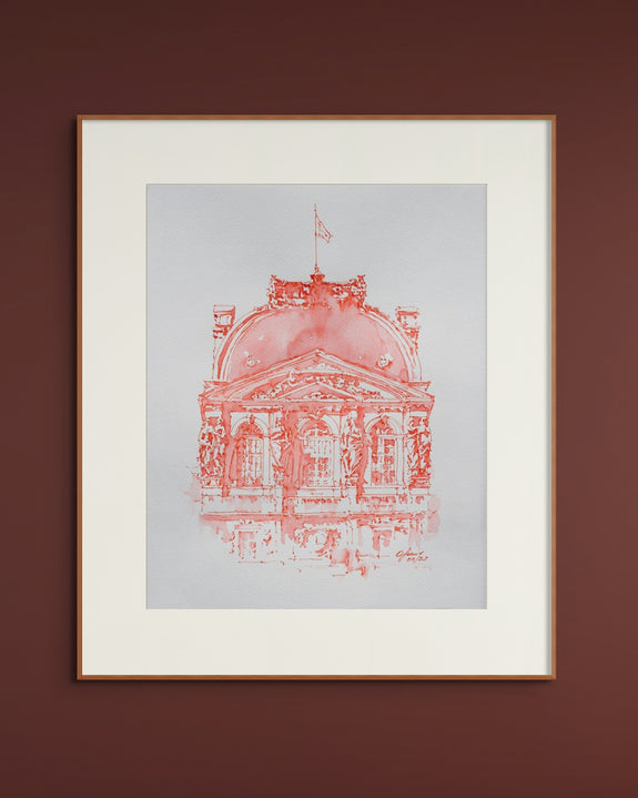 Facade of Louvre Red Watercolor and Ink Original Sketch