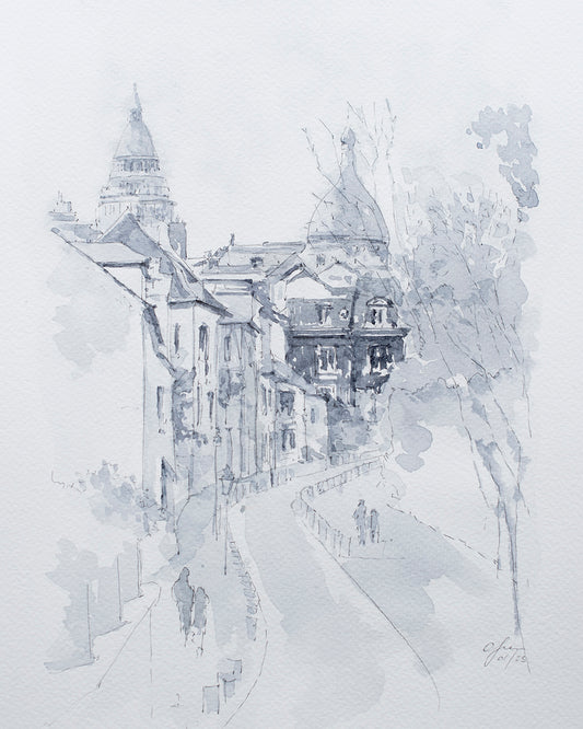 Rue de Montmartre Aquarelle Originale Monochrome