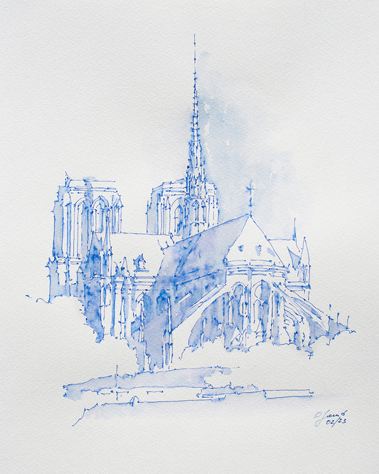 Notre-Dame de Paris Croquis Original Aquarelle et Encre Bleue