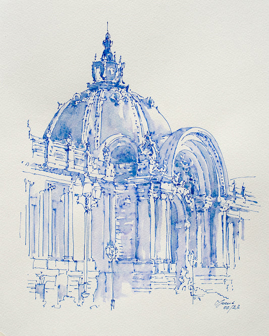 Esquisse originale à l'aquarelle et à l'encre bleue du Petit Palais