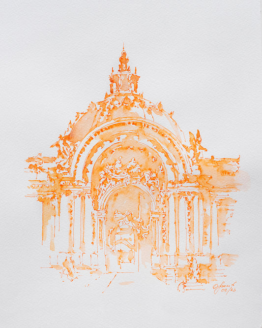 Esquisse originale à l'aquarelle et à l'encre de Chine du Petit Palais Orange