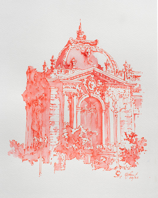 Esquisse originale à l'aquarelle et à l'encre rouge du Petit Palais