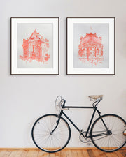 Facade of Louvre Red Watercolor and Ink Original Sketch