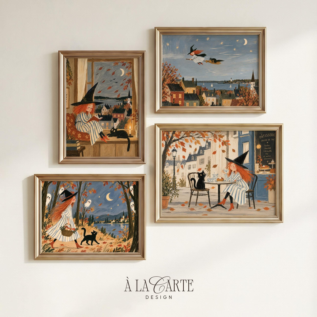 Vintage Halloween wall art gallery — 17-design storybook witch bundle with soft palette and textured painting effect