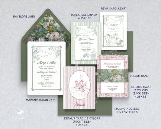 Editable sage green French wedding invitation suite with elegant typography, minimalist layout, and coordinated wedding stationery templates in Canva. Romantic printable invitation set for garden weddings, château weddings, and European-inspired celebrations.