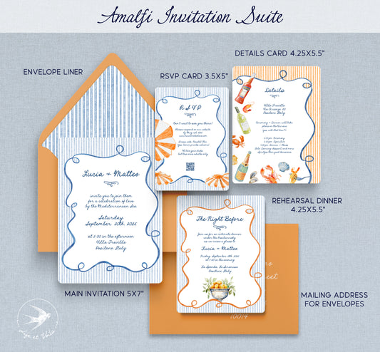 Set of whimsical hand drawn wedding invitations Amalficore with envelopes. editable Canva template
