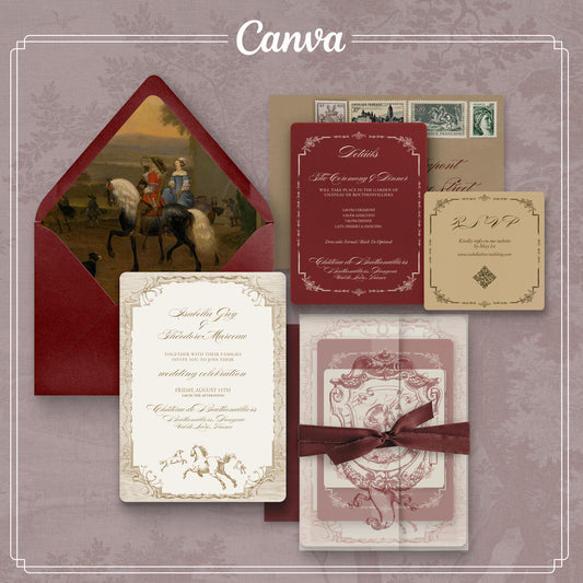 Vintage-style baroque wedding red burgundy invitation set with horse design 