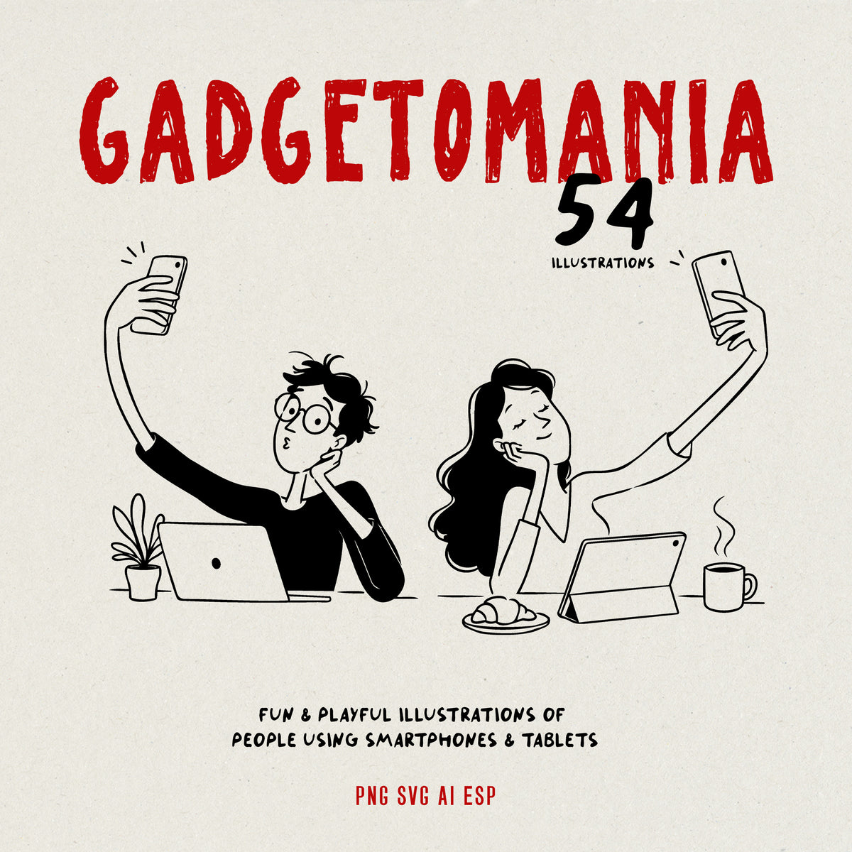 Promotional graphic for a digital illustration pack titled 'GADGETOMANIA 54 ILLUSTRATIONS'. The design features a textured off-white background with hand-drawn black and red illustrations of people taking selfies with smartphones and using tablets.
