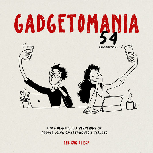 Promotional graphic for a digital illustration pack titled 'GADGETOMANIA 54 ILLUSTRATIONS'. The design features a textured off-white background with hand-drawn black and red illustrations of people taking selfies with smartphones and using tablets.