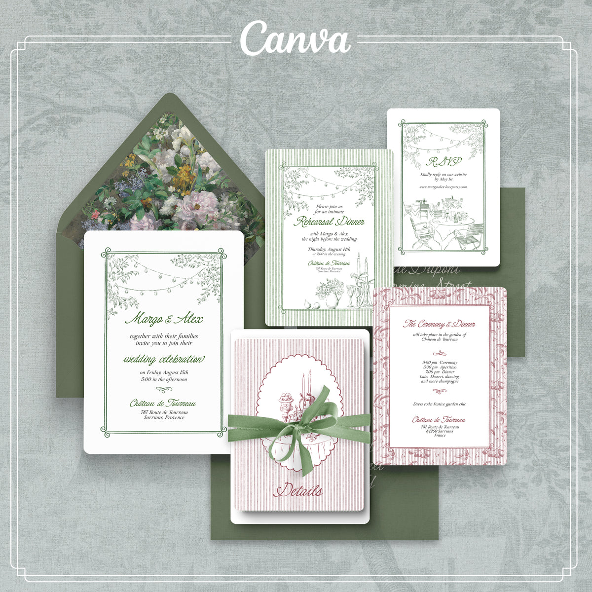 Editable sage green French wedding invitation suite with elegant typography, minimalist layout, and coordinated wedding stationery templates in Canva. Romantic printable invitation set for garden weddings, château weddings, and European-inspired celebrations.