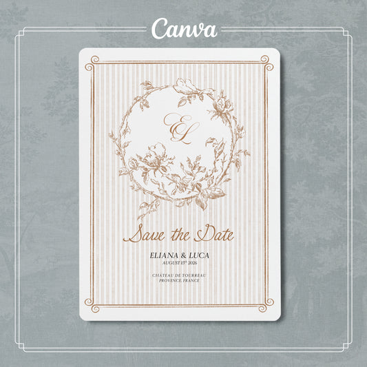 Decorative 'Save the Date' card with floral design and 'Canva' branding on a textured gray background.