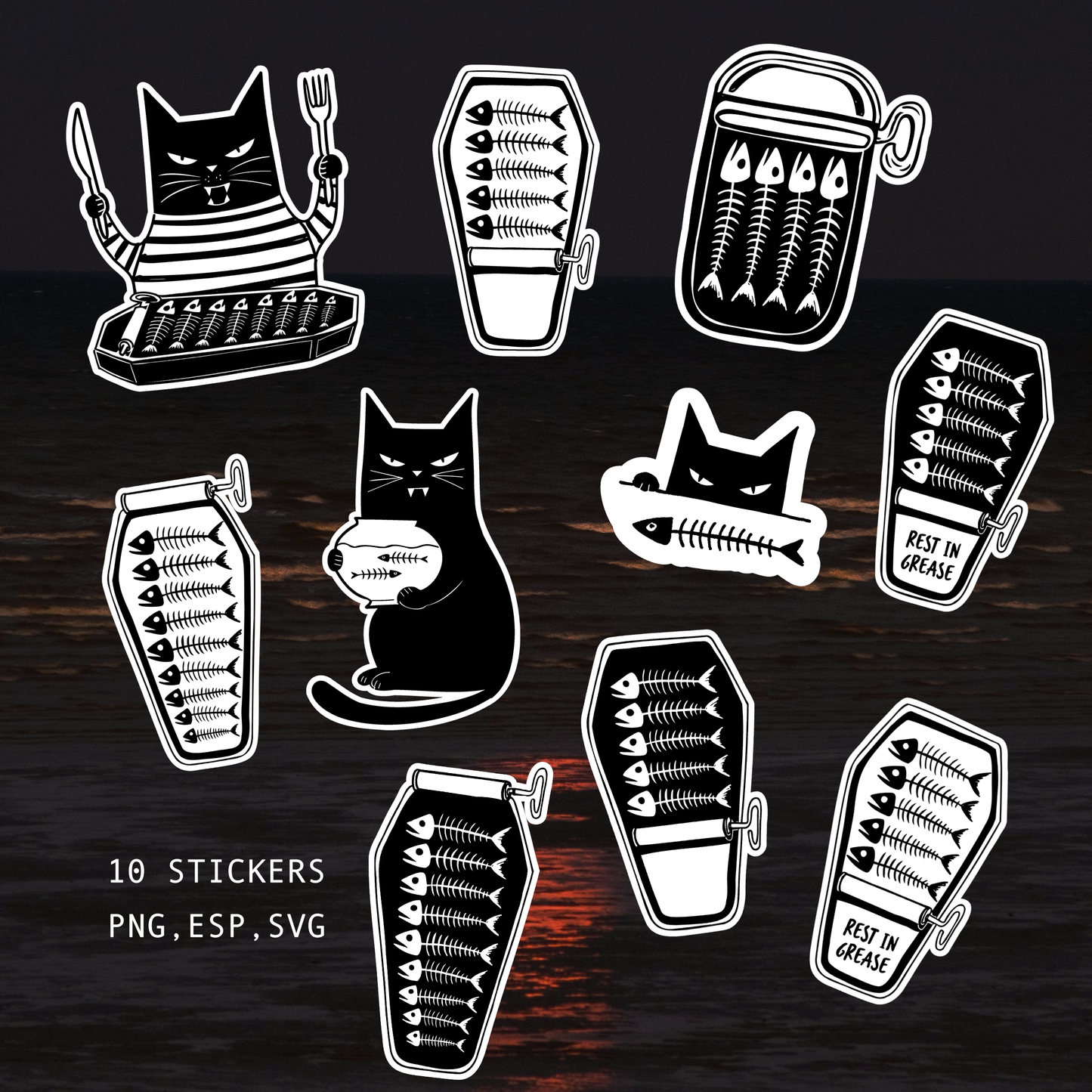 Gatti Neri e Sardine di Halloween | Set di Clipart Fantasiose
