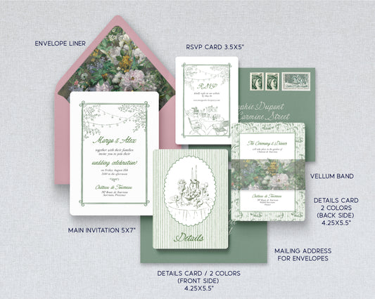 Editable sage green French wedding invitation suite with elegant typography, minimalist layout, and coordinated wedding stationery templates in Canva. Romantic printable invitation set for garden weddings, château weddings, and European-inspired celebrations.