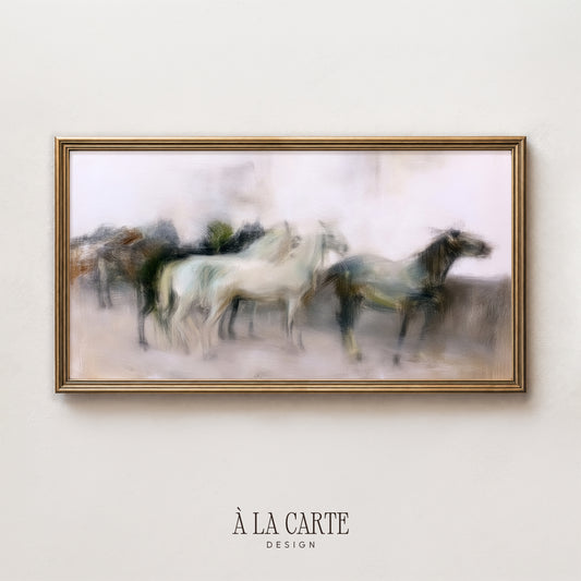 The image is a framed painting depicting a group of horses in motion, with a blurred background.