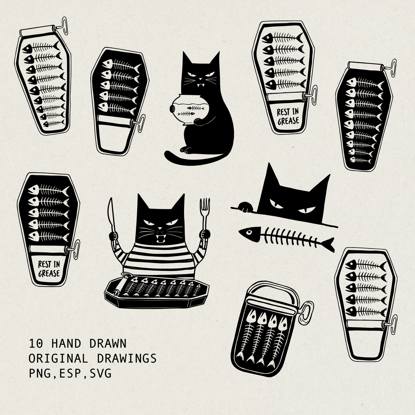 Gatti Neri e Sardine di Halloween | Set di Clipart Fantasiose