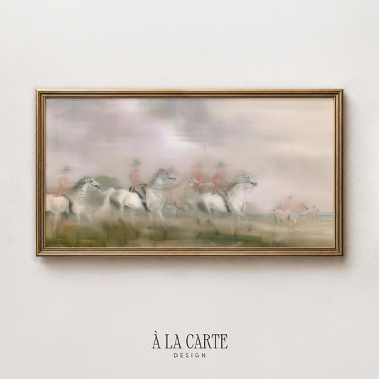The image is a framed painting depicting a group of people riding horses in a field.