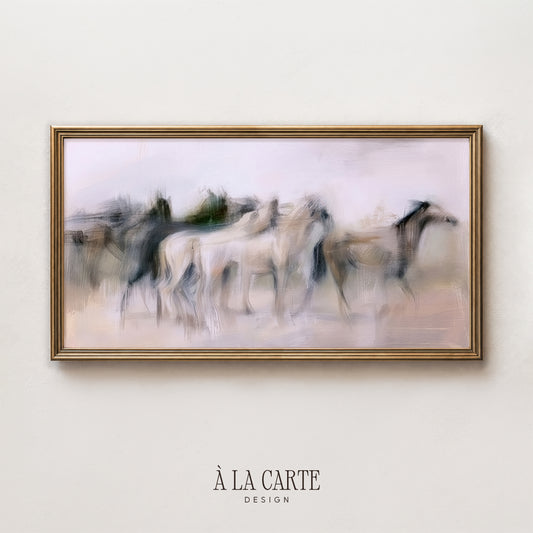 The image is a framed painting depicting a blurred scene of horses running across a field.