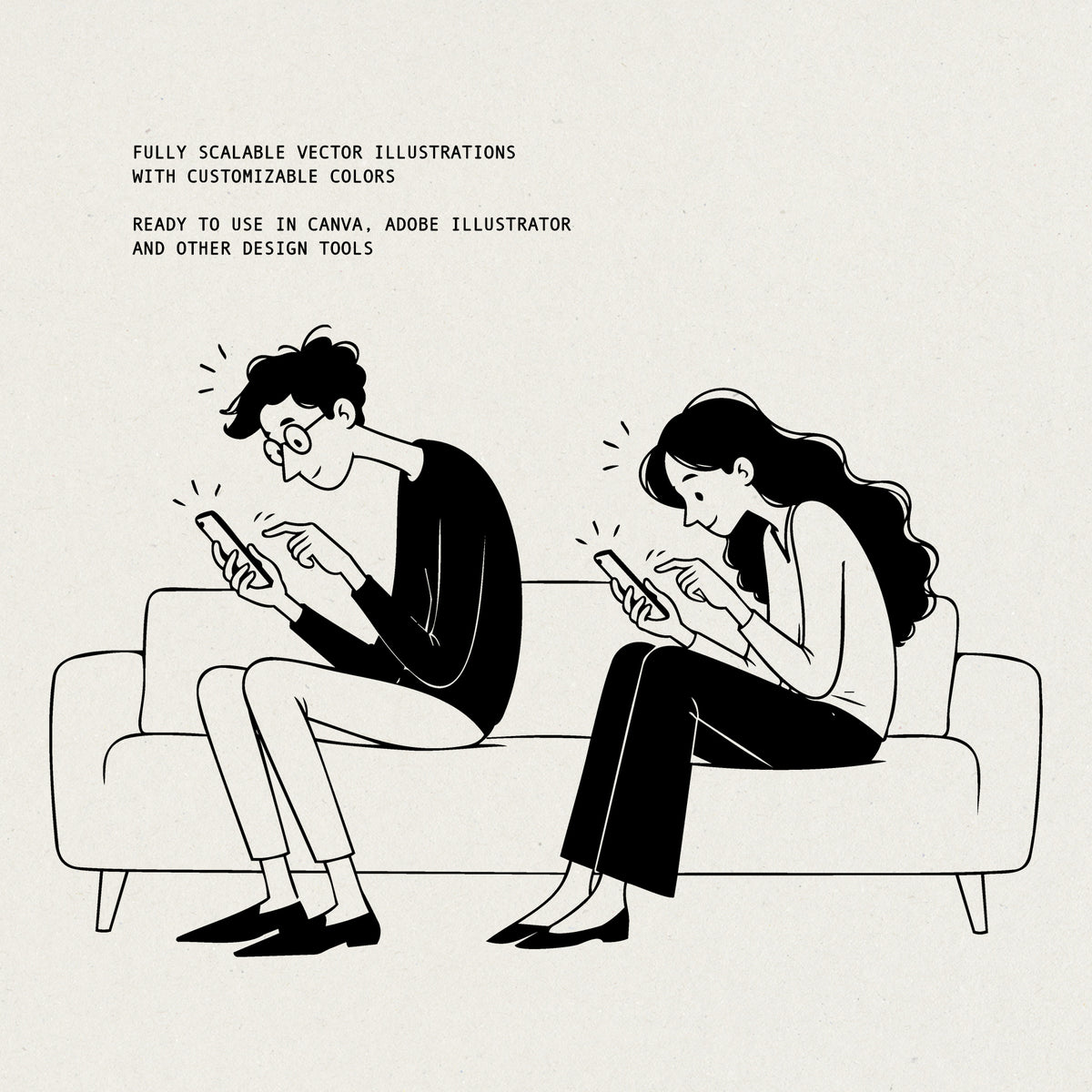 Black and white vector illustration of a man and a woman sitting on a couch and looking at their phones, with promotional text at the top reading 'FULLY SCALABLE VECTOR ILLUSTRATIONS WITH CUSTOMIZABLE COLORS READY TO USE IN CANVA, ADOBE ILLUSTRATOR AND OTHER DESIGN TOOLS'.