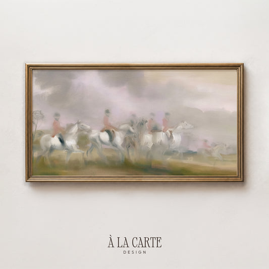 The image is a painting of a group of people riding horses in a field.