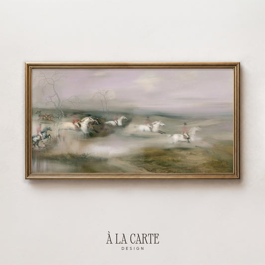 The image is a framed painting depicting a group of people riding horses in a field.