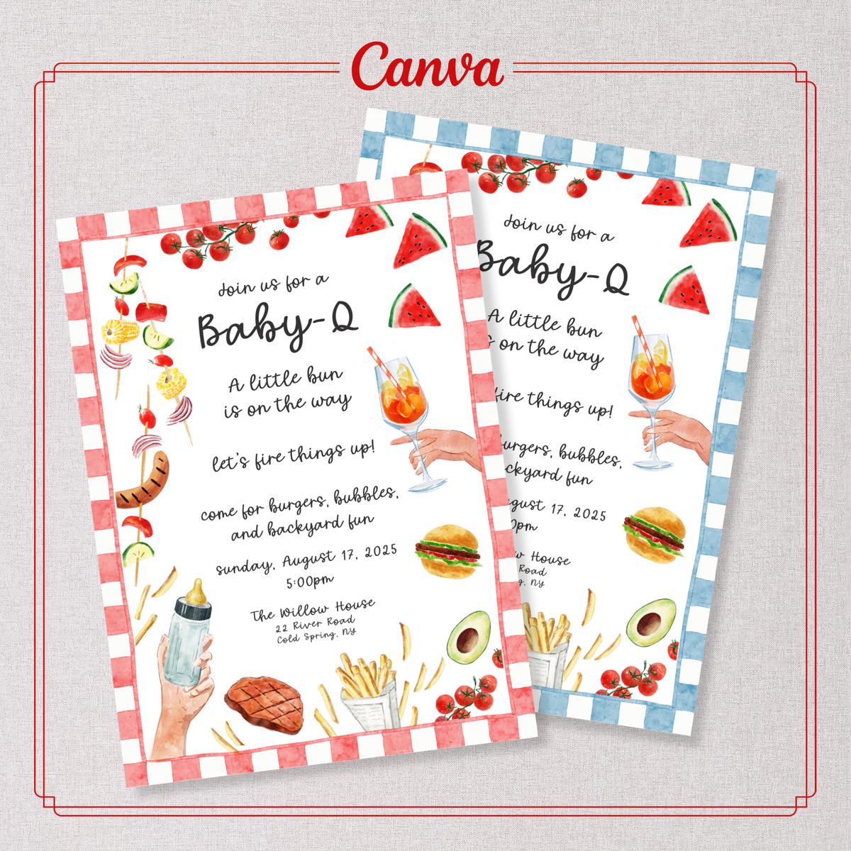 Two baby BBQ shower invitations with food illustrations and text on a checkered background.