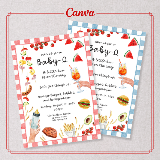 Editable Baby-Q Baby Shower Invitation | BBQ Baby Shower I Editable Canva Template