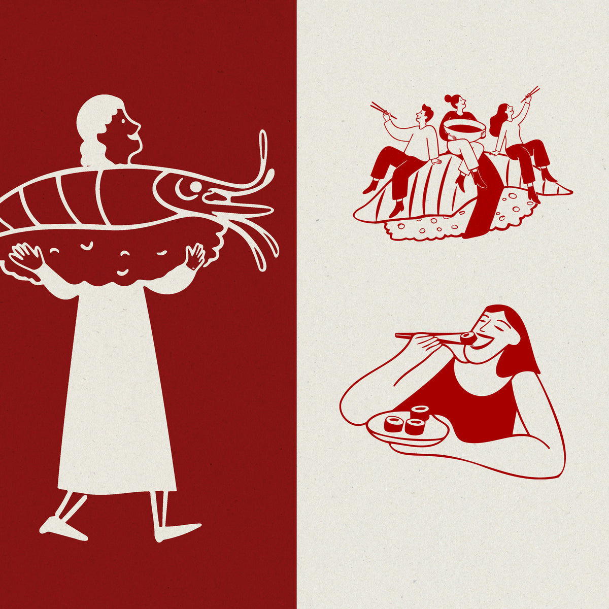 A minimalist red-and-white illustration set on a split dark red and off-white background, showing stylized figures including a person carrying a large shrimp and two seated dining figures.