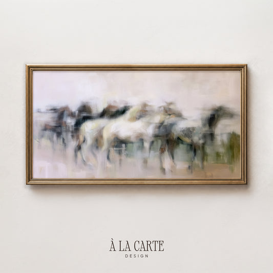 The image is a framed painting of horses, with a blurred background that creates a sense of movement and energy.