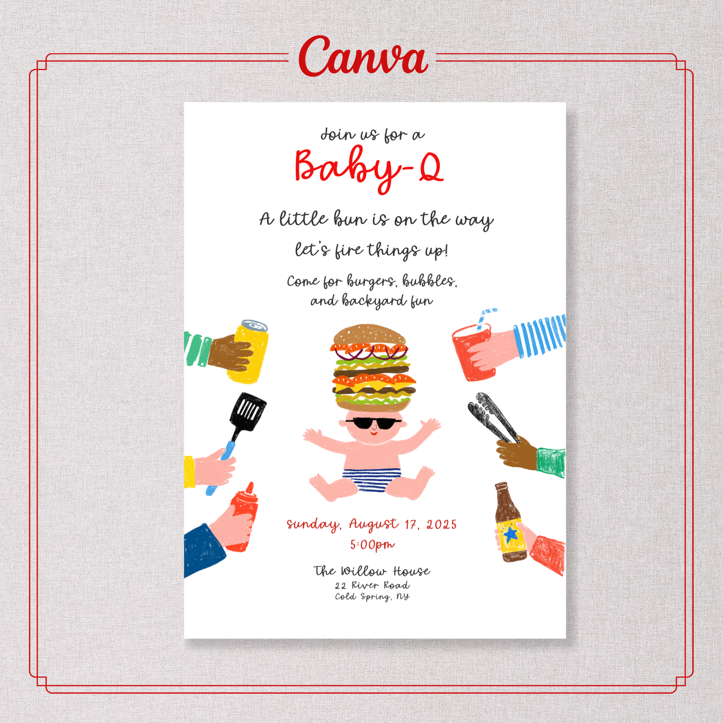 Invito Baby Shower Baby Q Spiritoso | Baby Shower BBQ | Modello Canva animato e modificabile