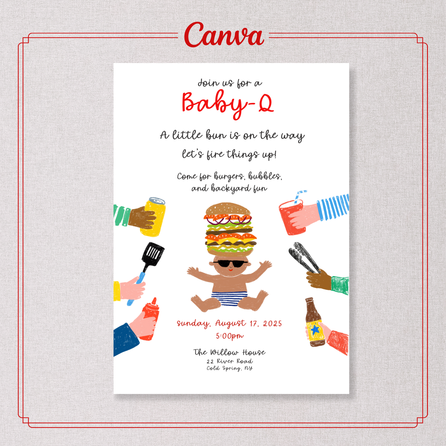 Invito Baby Shower Baby Q Spiritoso | Baby Shower BBQ | Modello Canva animato e modificabile