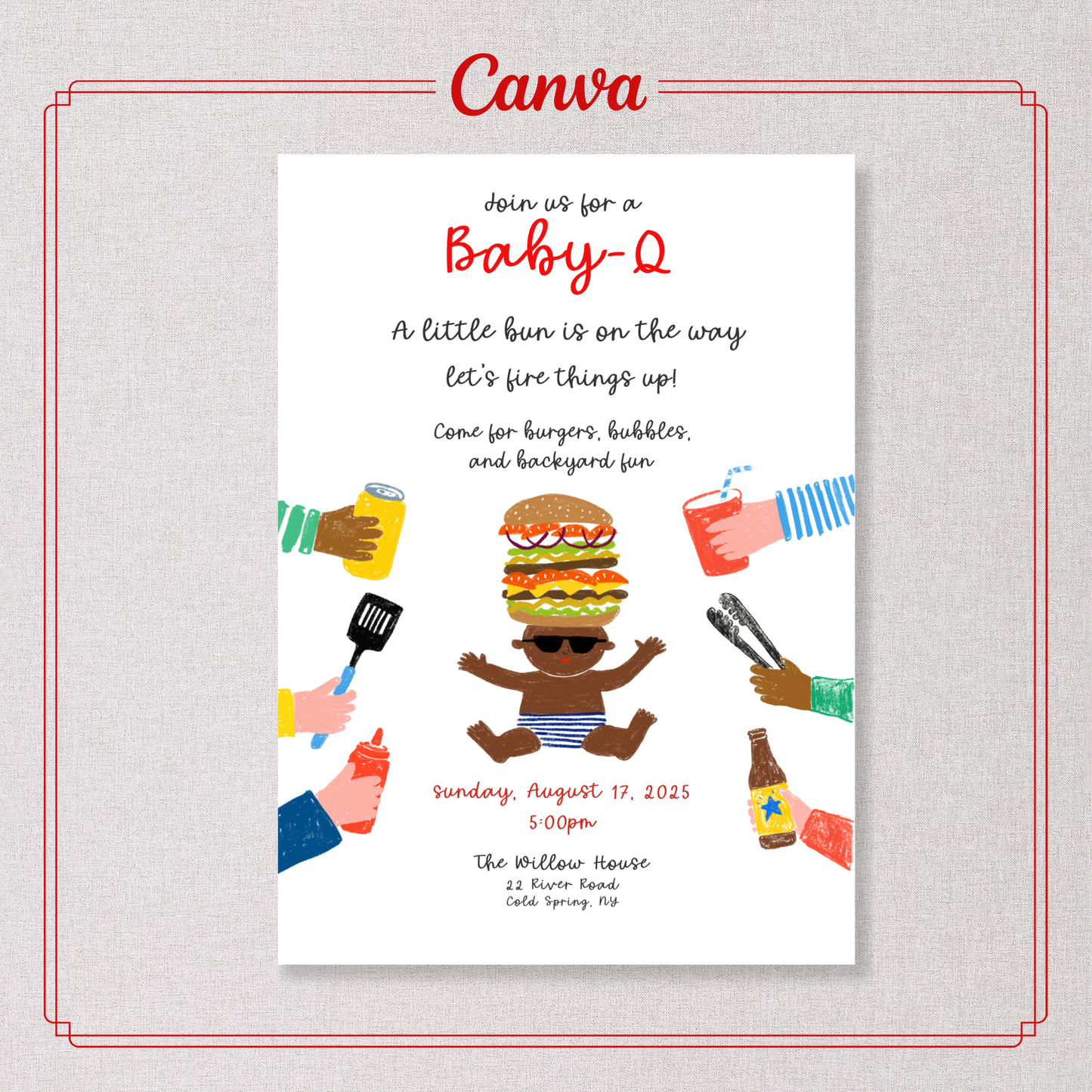Invito Baby Shower Baby Q Spiritoso | Baby Shower BBQ | Modello Canva animato e modificabile