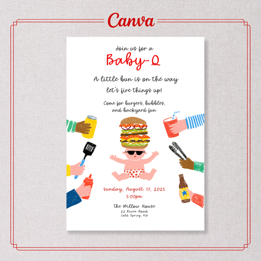 A baby shower invitation card with a white background, featuring a cartoon burger character wearing sunglasses and surrounded by illustrated hands holding drinks, utensils, and a hot dog. The card is displayed on a light gray textured background with a red decorative border and the word 'Canva' at the top.