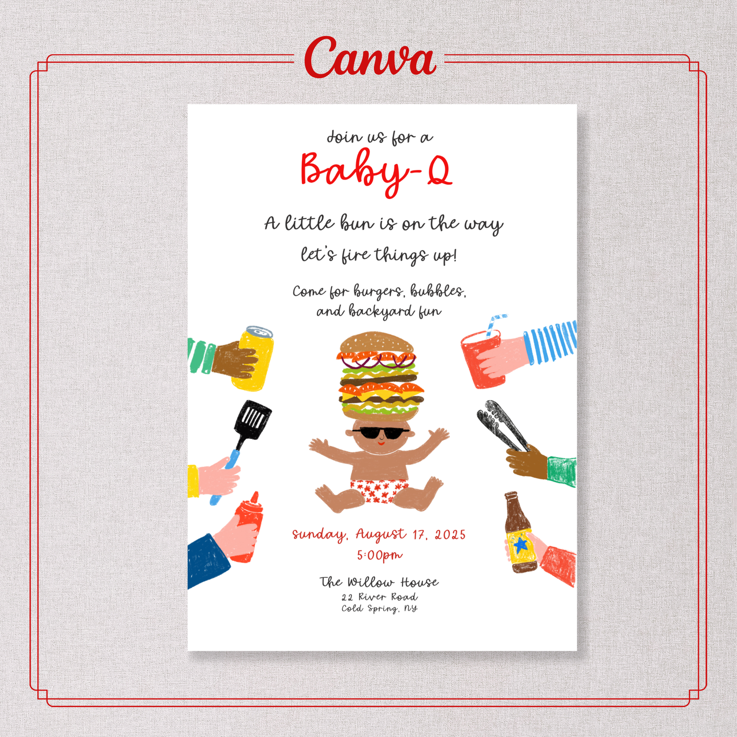Invito Baby Shower Baby Q Spiritoso | Baby Shower BBQ | Modello Canva animato e modificabile
