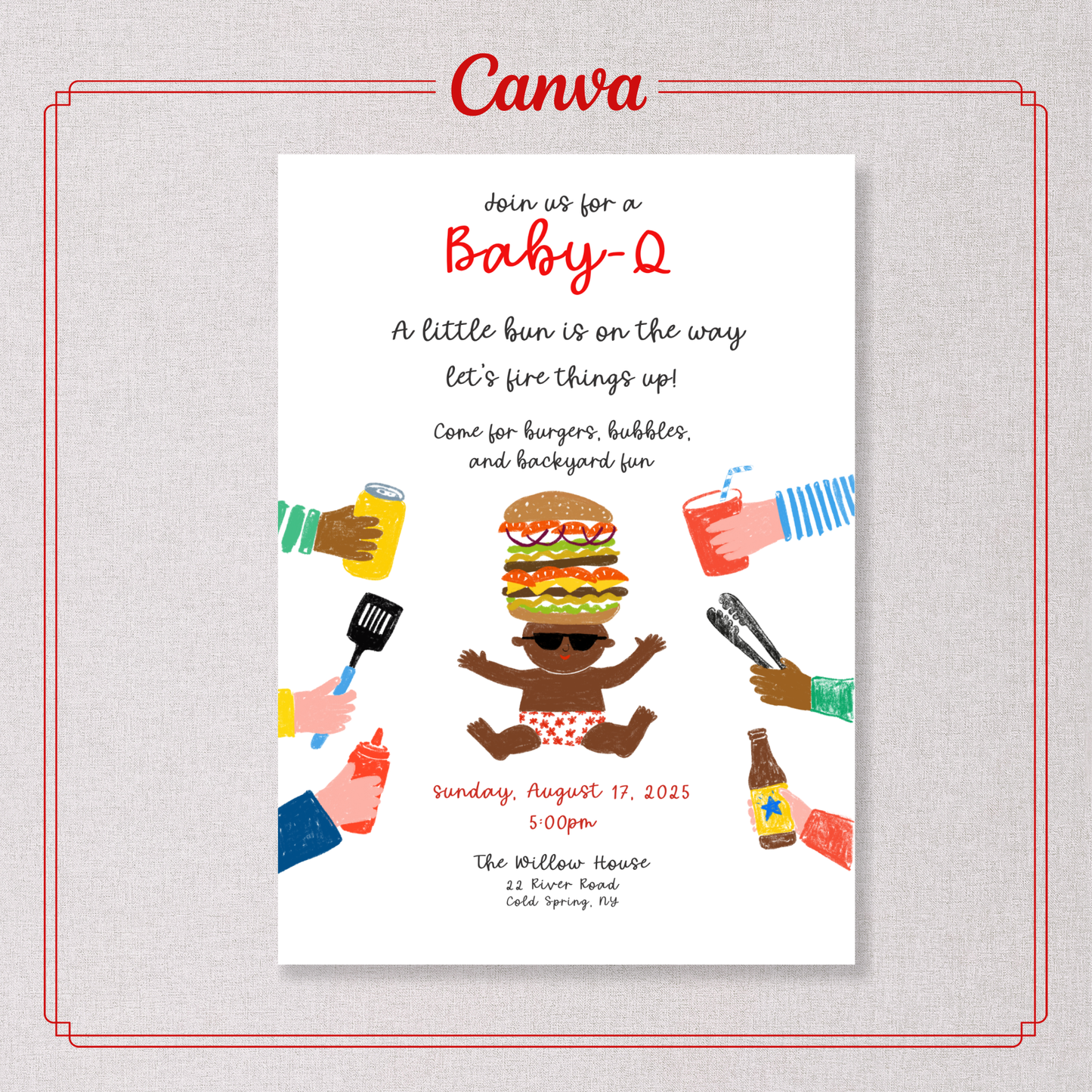Invito Baby Shower Baby Q Spiritoso | Baby Shower BBQ | Modello Canva animato e modificabile