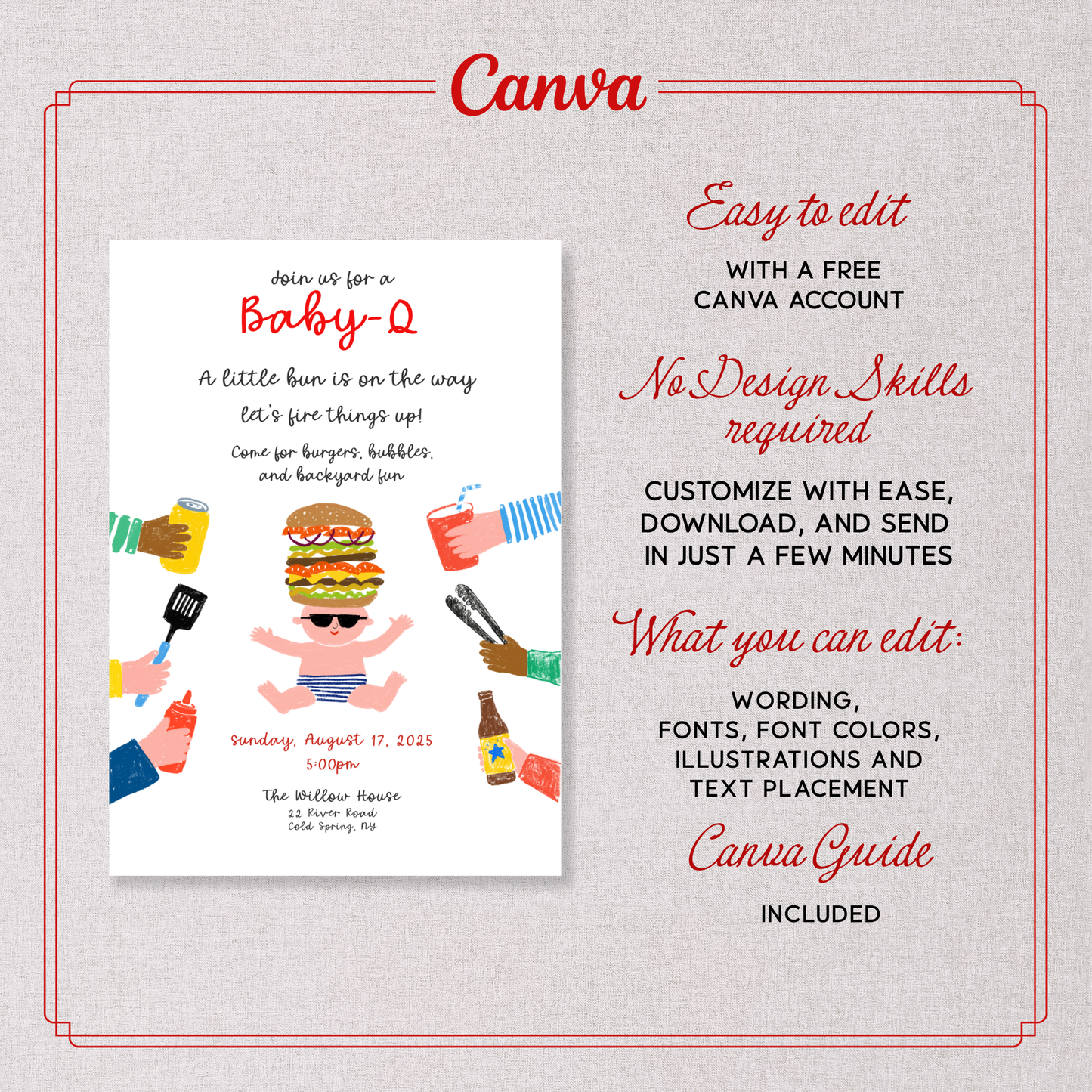 Invito Baby Shower Baby Q Spiritoso | Baby Shower BBQ | Modello Canva animato e modificabile