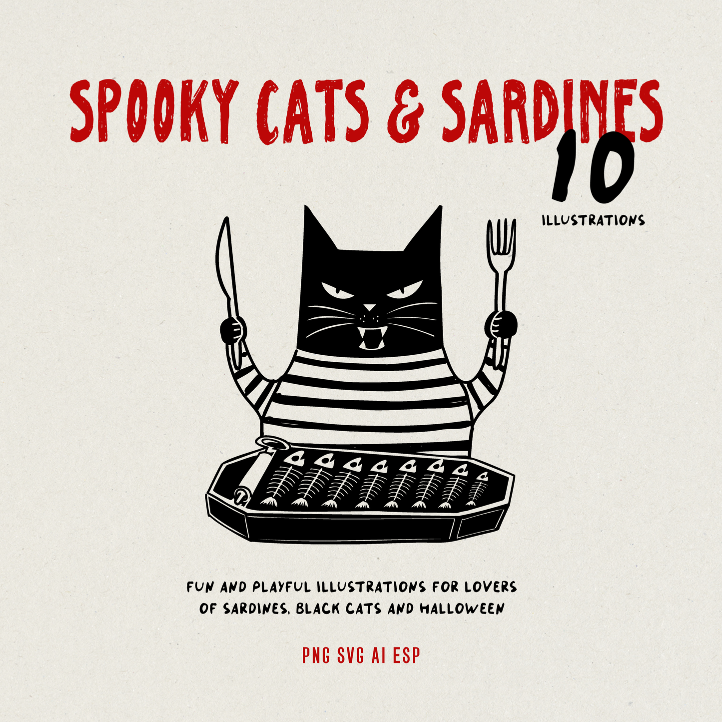 Gatti Neri e Sardine di Halloween | Set di Clipart Fantasiose