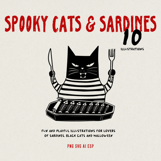 Digital cover art for a graphic design bundle titled 'Spooky Cats & Sardines 10 Illustrations'. The design features a black and white striped cat holding a knife and fork above a tray of sardines, set against a textured off-white background with red and black text.