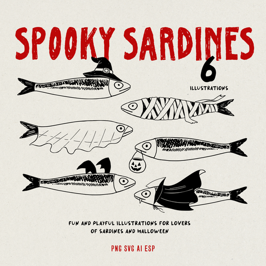 A digital graphic sheet titled 'Spooky Sardines' with six black-and-white hand-drawn sardine illustrations in Halloween-themed styles, including a witch hat, bandages, a jack-o'-lantern, and a black cape. The text reads '6 Illustrations' and 'Fun and playful illustrations for lovers of sardines and Halloween' on a light beige background.