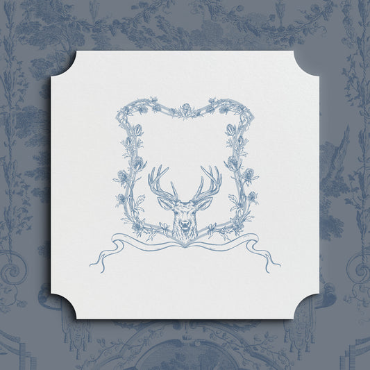 A square white card or print with rounded corners, featuring a light blue line drawing of a scottish wedding crest with deer head framed by floral thistle flowers, centered on a blue toile-patterned background.