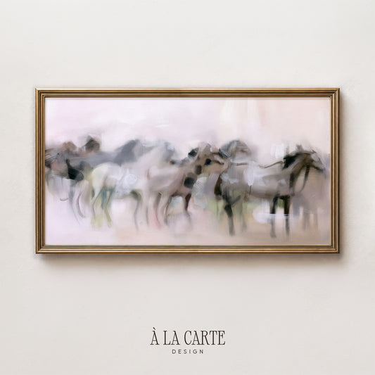 The image is a framed abstract painting depicting a group of blurred horses.
