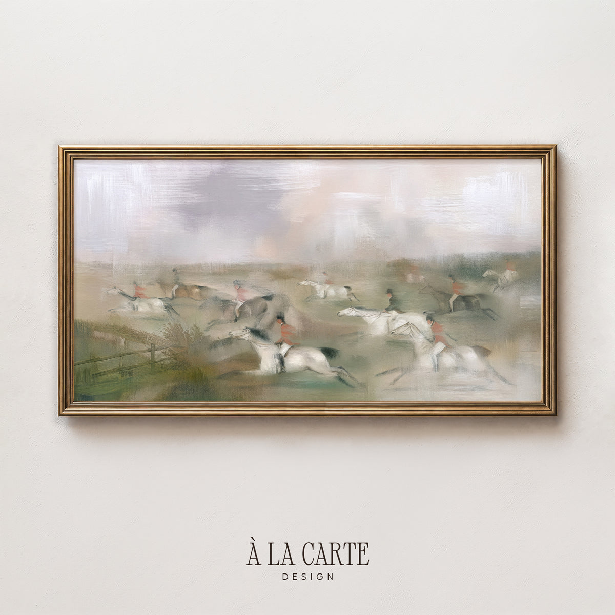 The image is a framed painting depicting a group of people riding horses in a field.