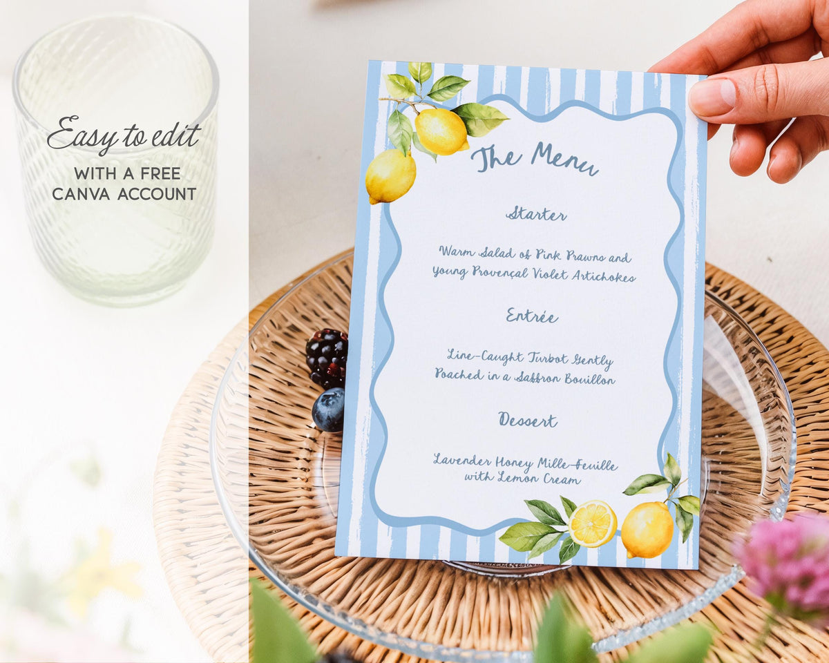 Whimsical Lemon Dinner Menu Template, Amalficore Summer Party Invite, Playful Stripes Editable CANVA Design