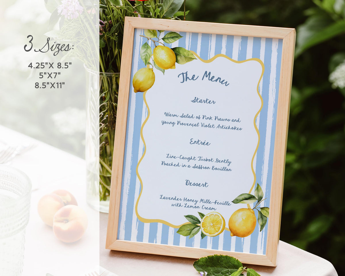 Whimsical Lemon Dinner Menu Template, Amalficore Summer Party Invite, Playful Stripes Editable CANVA Design