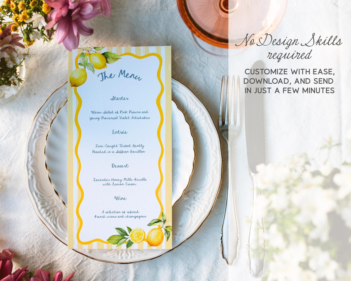 Whimsical Lemon Dinner Menu Template, Amalficore Summer Party Invite, Playful Stripes Editable CANVA Design