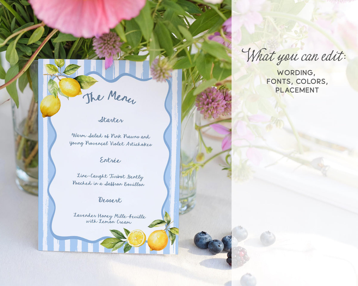 Whimsical Lemon Dinner Menu Template, Amalficore Summer Party Invite, Playful Stripes Editable CANVA Design