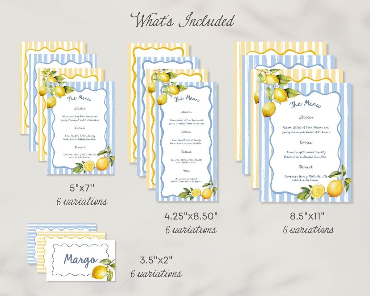 Whimsical Lemon Dinner Menu Template, Amalficore Summer Party Invite, Playful Stripes Editable CANVA Design