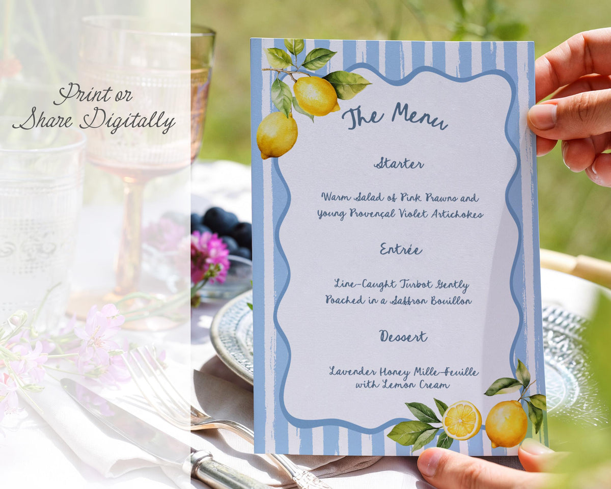 Whimsical Lemon Dinner Menu Template, Amalficore Summer Party Invite, Playful Stripes Editable CANVA Design