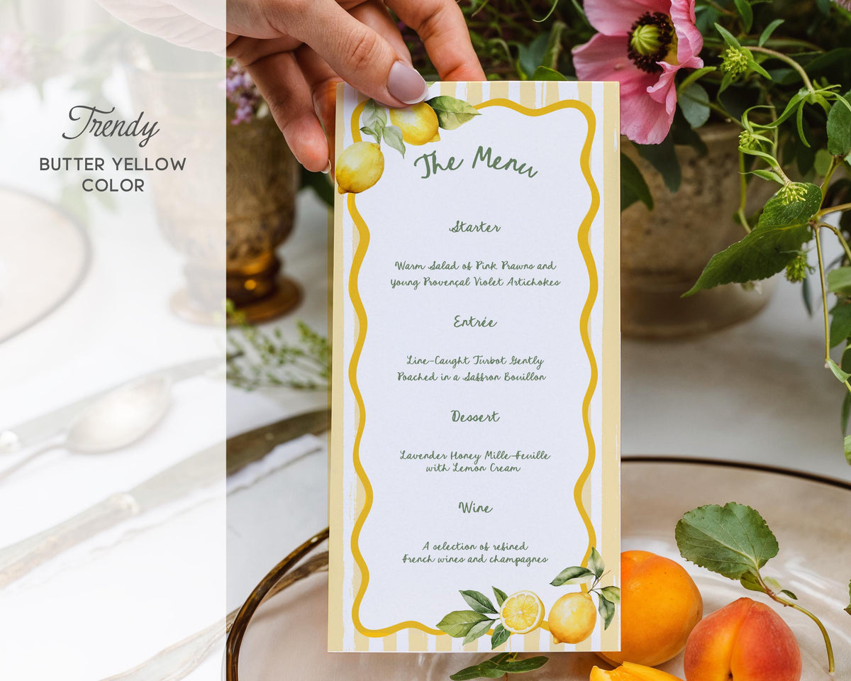 Whimsical Lemon Dinner Menu Template, Amalficore Summer Party Invite, Playful Stripes Editable CANVA Design