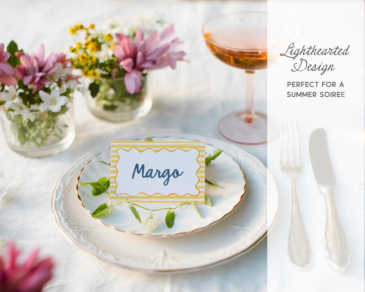 Whimsical Lemon Dinner Menu Template, Amalficore Summer Party Invite, Playful Stripes Editable CANVA Design
