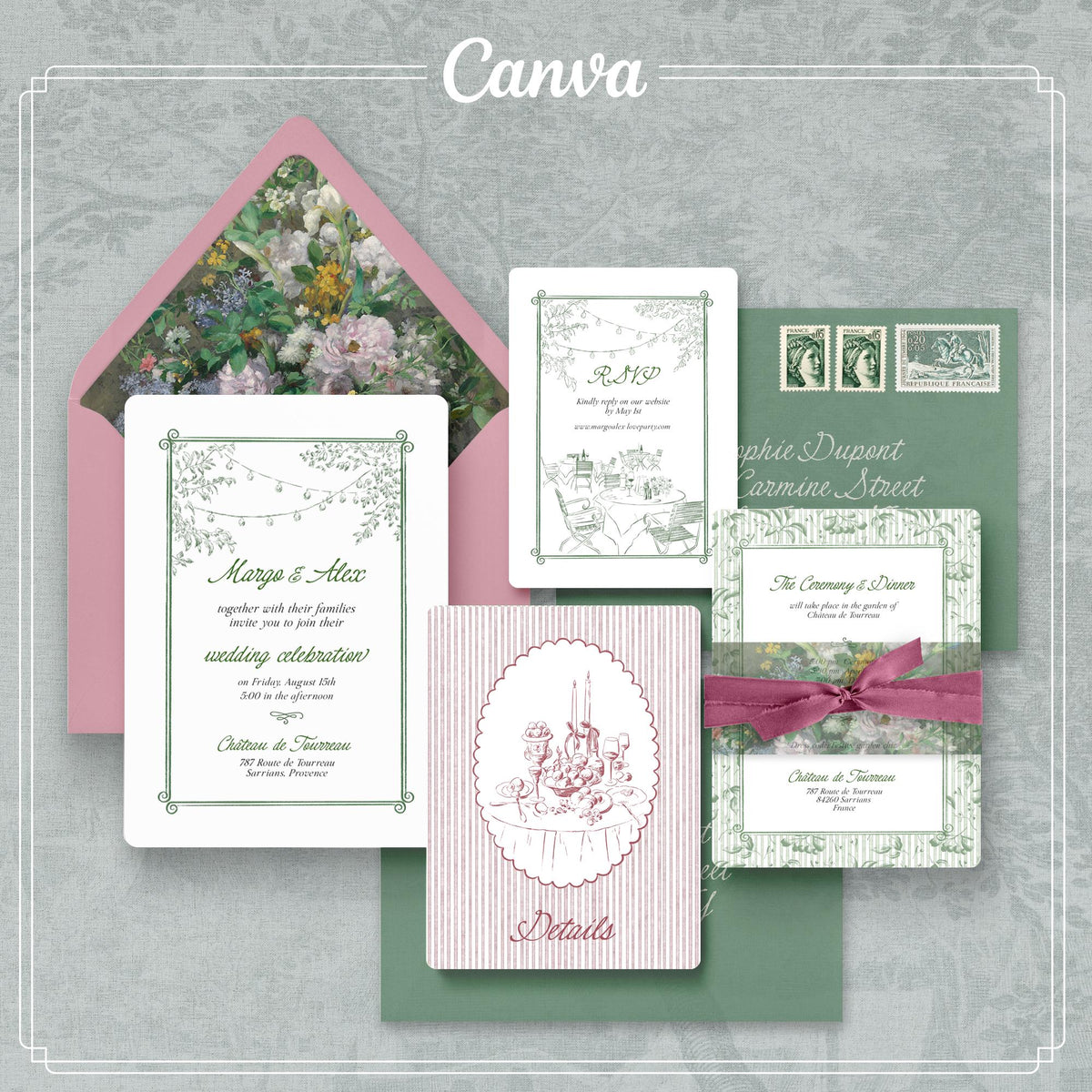 Elegant Sage Green Wedding Invitation Template, Romantic Garden Style Suite, Printable CANVA Design